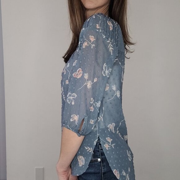 Lauren Conrad Blue Floral Swiss Dot 3/4 Sleeve Blouse Size XS - Picture 5 of 10